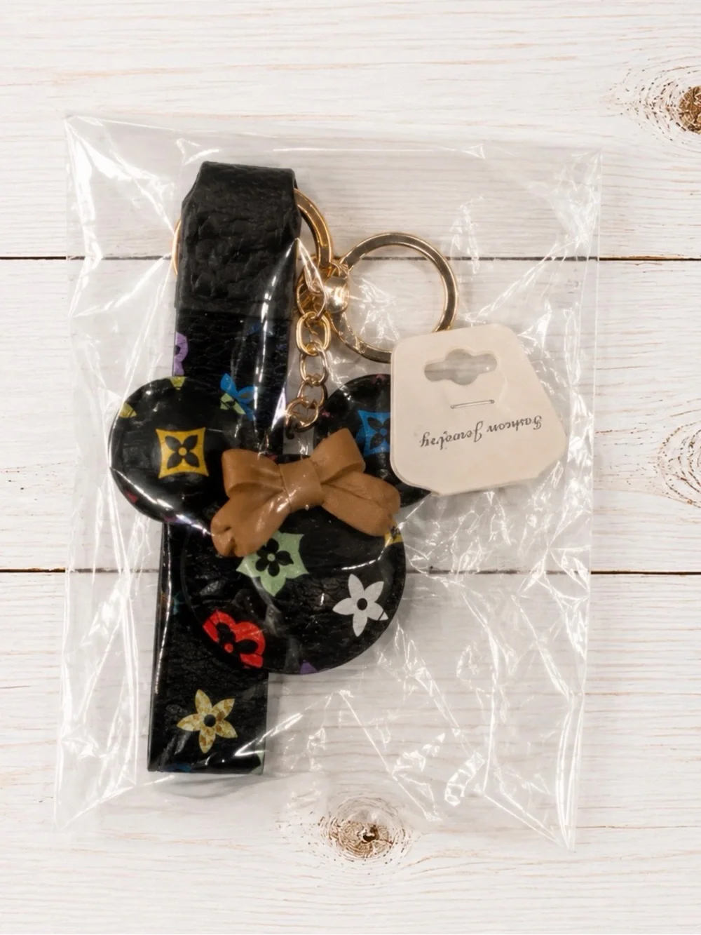 Mouse Wristlet Keychain PU Leather Bag Charm Black Multicolor Brown Bow NIP